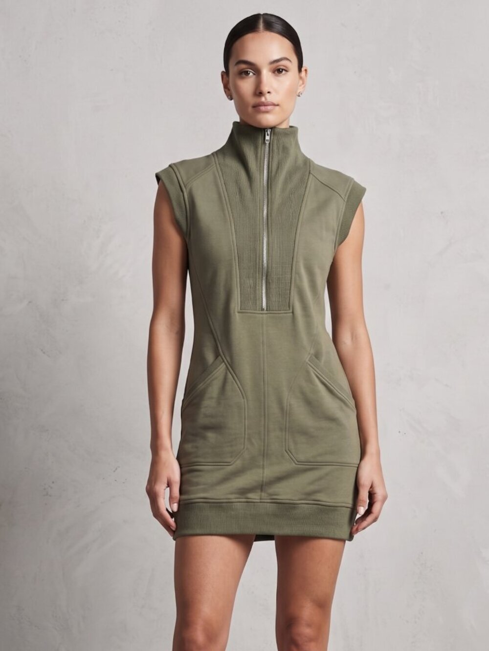 NWOT | Olive Green Mock Neck Half Zip Sleeveless Knit Mini Dress Tunic | Small